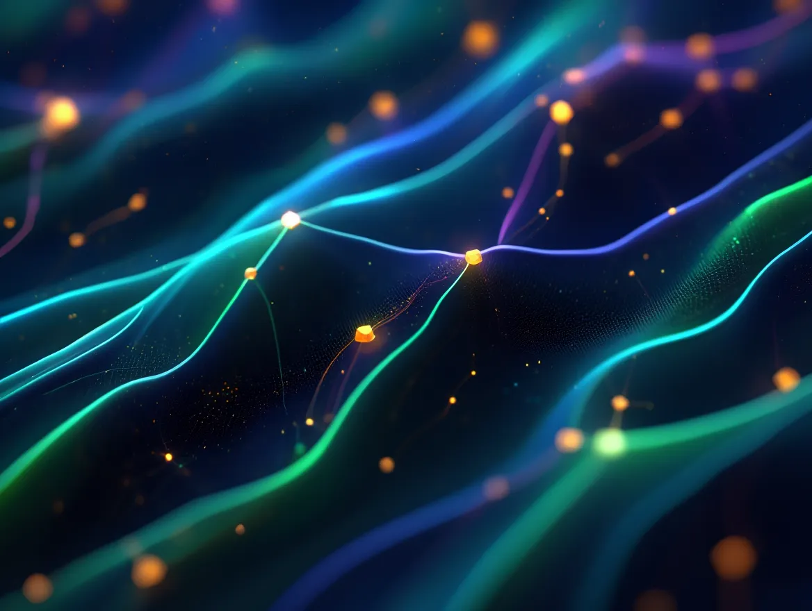 Flowing lines representing weather pattern changes with data points